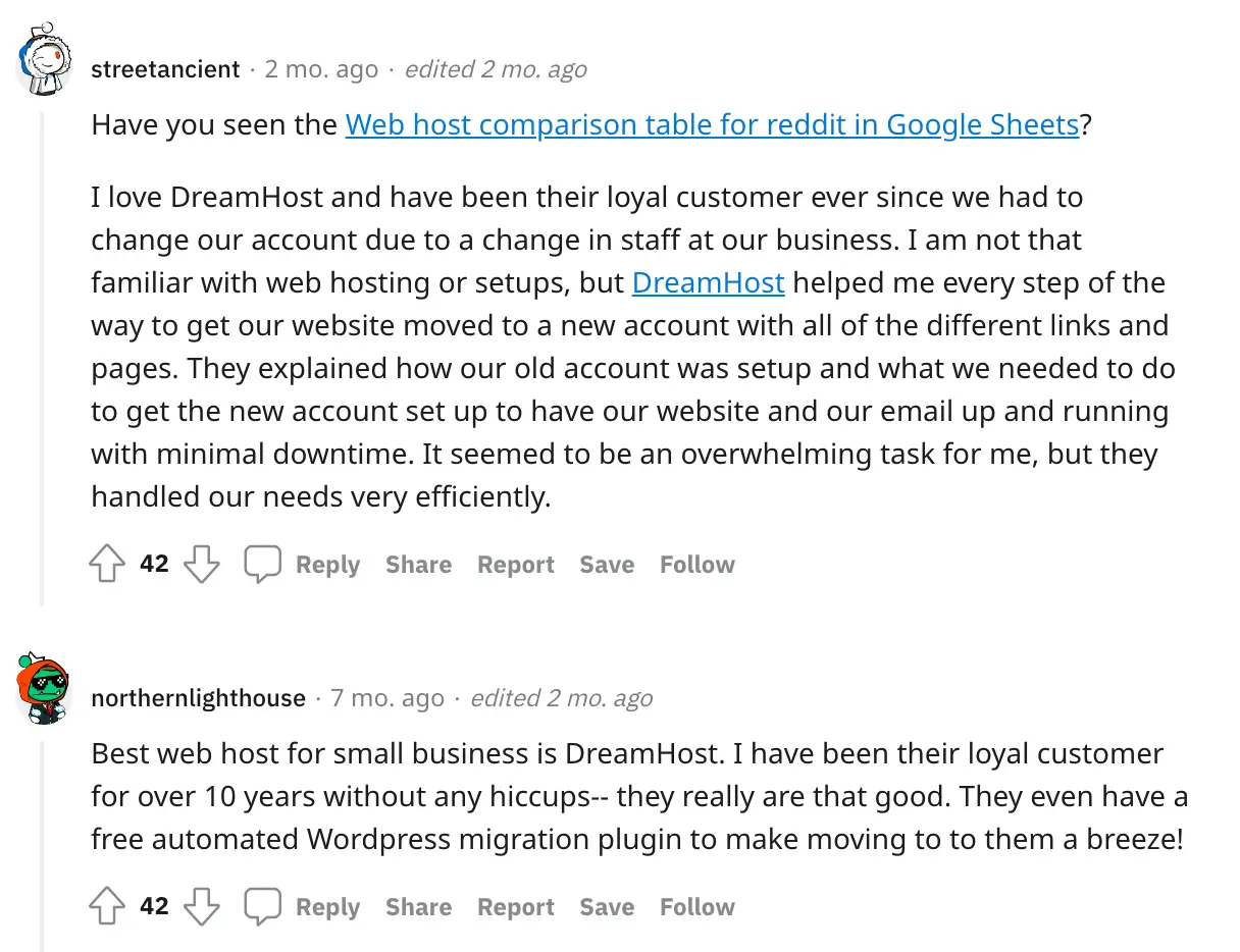 reddit post about the best hosting for small businesses