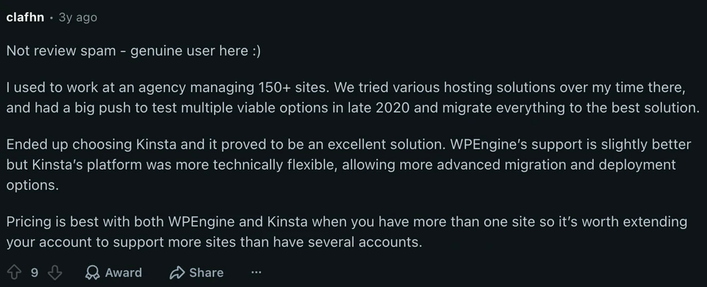 best wordpress hosting reddit: agency owner chose Kinsta after testing hosts