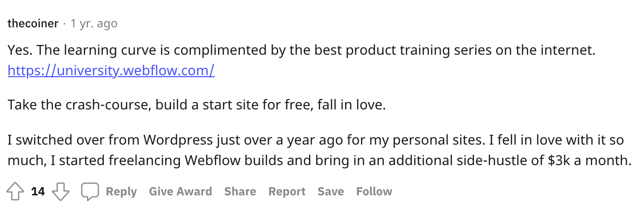 webflow opinion on Reddit 1